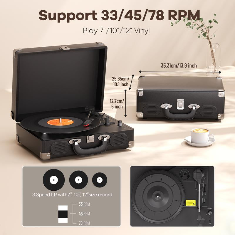 MAIO S100 Record Player Portable Suitcase Audio with Built-In Speakers, 3-Speed Vinyl Spinner Bluetooth Turntable Belt-Driven