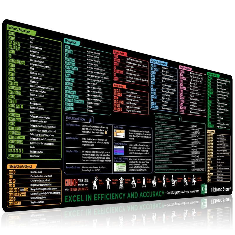 Excel Cheat Sheet Desk Mat, Large 27.5"X11.8" Excel Keyboard Shortcut Mouse Pad, XL Extended Office PC Gaming Mat/Non-Slip Employee Appreciation Gifts Daily Notepad