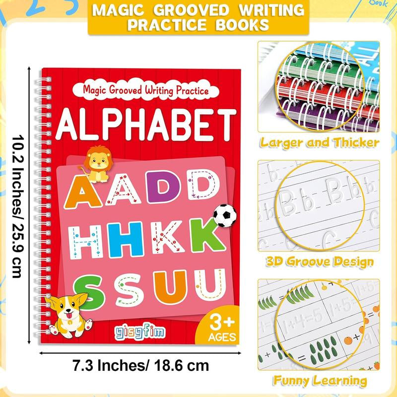GISGFIM 8 Pieces Magic Grooved Writing Practice Books Disappearing Ink Pens Reusable Groove Workbooks Tracing Handwriting Practice without Tears for Kids Kindergarten Preschool Supplies,10.2 X 7.3Inch