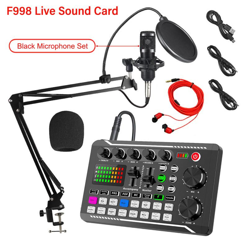 F998 Podcast Equipment Bundle,Wireless Bluetooth Audio Live Sound Card and BM800 Microphone Set,Wired Recording,Broadcasting Smartphone Live Streaming