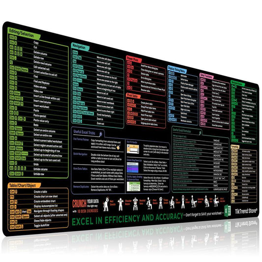 Excel Cheat Sheet Desk Mat, Large 27.5"X11.8" Excel Keyboard Shortcut Mouse Pad, XL Extended Office PC Gaming Mat/Non-Slip Employee Appreciation Gifts Daily Notepad