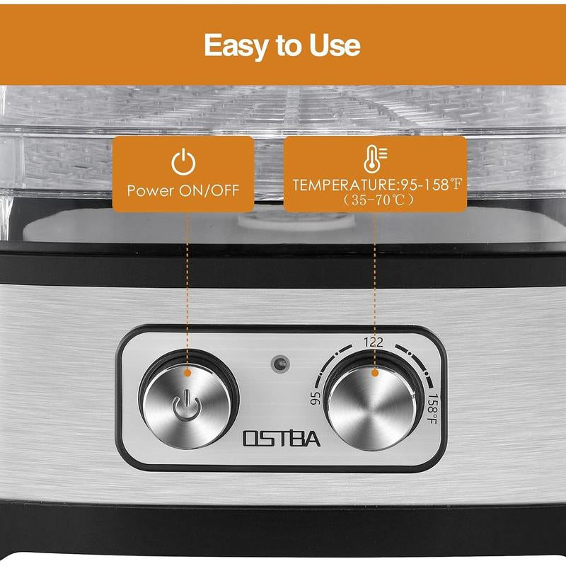 OSTBA Food Dehydrator with Recipe Book, Bpa-Free Dehydrator for Food and Jerky, Fruits, Herbs, Veggies, Temperature Control Electric Food Dryer Machine, 5 Trays Dishwasher Safe