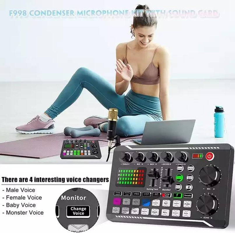 F998 Podcast Equipment Bundle,Wireless Bluetooth Audio Live Sound Card and BM800 Microphone Set,Wired Recording,Broadcasting Smartphone Live Streaming