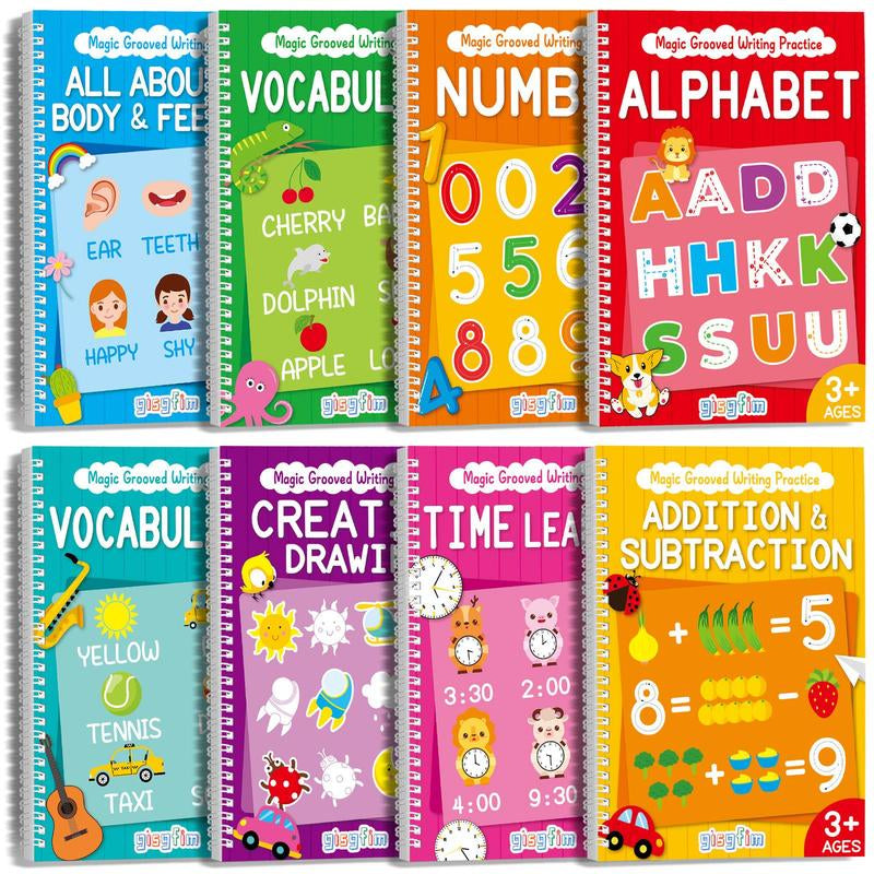 GISGFIM 8 Pieces Magic Grooved Writing Practice Books Disappearing Ink Pens Reusable Groove Workbooks Tracing Handwriting Practice without Tears for Kids Kindergarten Preschool Supplies,10.2 X 7.3Inch