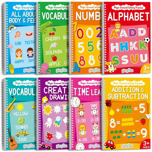 GISGFIM 8 Pieces Magic Grooved Writing Practice Books Disappearing Ink Pens Reusable Groove Workbooks Tracing Handwriting Practice without Tears for Kids Kindergarten Preschool Supplies,10.2 X 7.3Inch