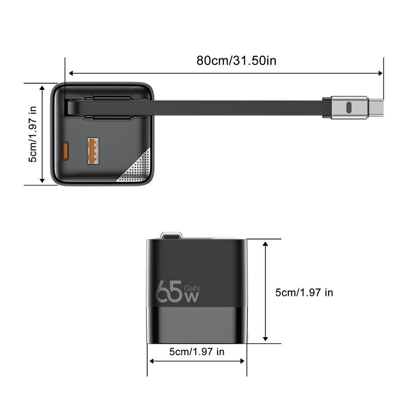 Koloobo 65W 3-In-1 Gan Wall-Mounted Travel Charger,Power Display,Overcharge Protection,Equipped with a Retractable Type-C Fast Charging Cable and Two Ports,Applicable for Fast Charging of Electronic Products like Macbook,Iphone 15/16,Samsung Smartphones