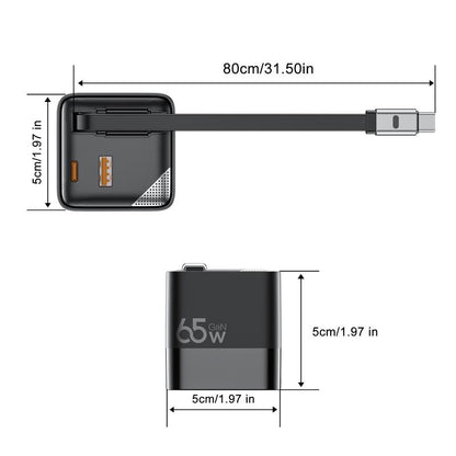 Koloobo 65W 3-In-1 Gan Wall-Mounted Travel Charger,Power Display,Overcharge Protection,Equipped with a Retractable Type-C Fast Charging Cable and Two Ports,Applicable for Fast Charging of Electronic Products like Macbook,Iphone 15/16,Samsung Smartphones