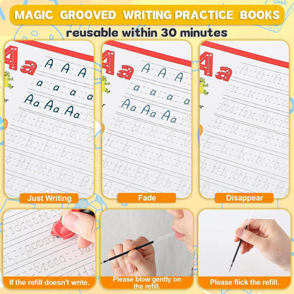 GISGFIM 8 Pieces Magic Grooved Writing Practice Books Disappearing Ink Pens Reusable Groove Workbooks Tracing Handwriting Practice without Tears for Kids Kindergarten Preschool Supplies,10.2 X 7.3Inch
