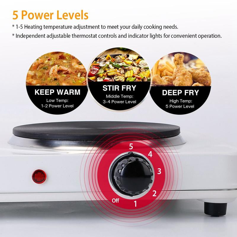 2000W Double Electric Burner Portable Dual Countertop Hot Plate with 5-Level Temperature Control for Kitchen Cooking