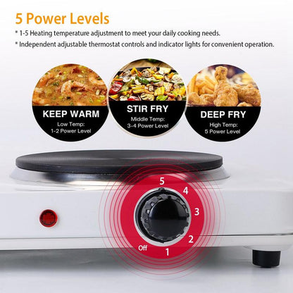 2000W Double Electric Burner Portable Dual Countertop Hot Plate with 5-Level Temperature Control for Kitchen Cooking