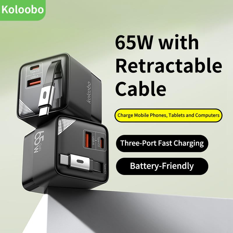Koloobo 65W 3-In-1 Gan Wall-Mounted Travel Charger,Power Display,Overcharge Protection,Equipped with a Retractable Type-C Fast Charging Cable and Two Ports,Applicable for Fast Charging of Electronic Products like Macbook,Iphone 15/16,Samsung Smartphones