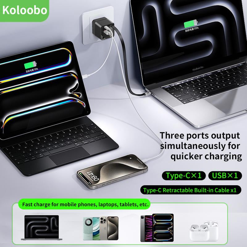 Koloobo 65W 3-In-1 Gan Wall-Mounted Travel Charger,Power Display,Overcharge Protection,Equipped with a Retractable Type-C Fast Charging Cable and Two Ports,Applicable for Fast Charging of Electronic Products like Macbook,Iphone 15/16,Samsung Smartphones