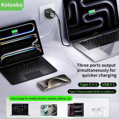 Koloobo 65W 3-In-1 Gan Wall-Mounted Travel Charger,Power Display,Overcharge Protection,Equipped with a Retractable Type-C Fast Charging Cable and Two Ports,Applicable for Fast Charging of Electronic Products like Macbook,Iphone 15/16,Samsung Smartphones