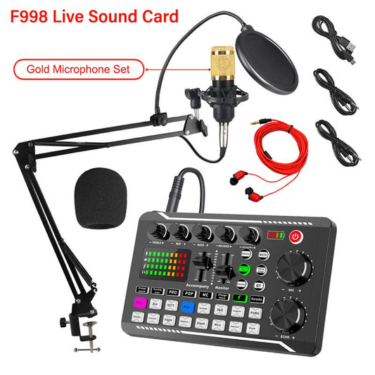 F998 Podcast Equipment Bundle,Wireless Bluetooth Audio Live Sound Card and BM800 Microphone Set,Wired Recording,Broadcasting Smartphone Live Streaming
