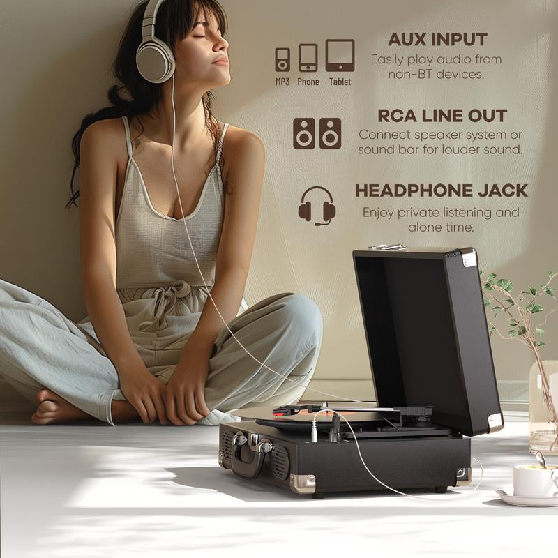 MAIO S100 Record Player Portable Suitcase Audio with Built-In Speakers, 3-Speed Vinyl Spinner Bluetooth Turntable Belt-Driven
