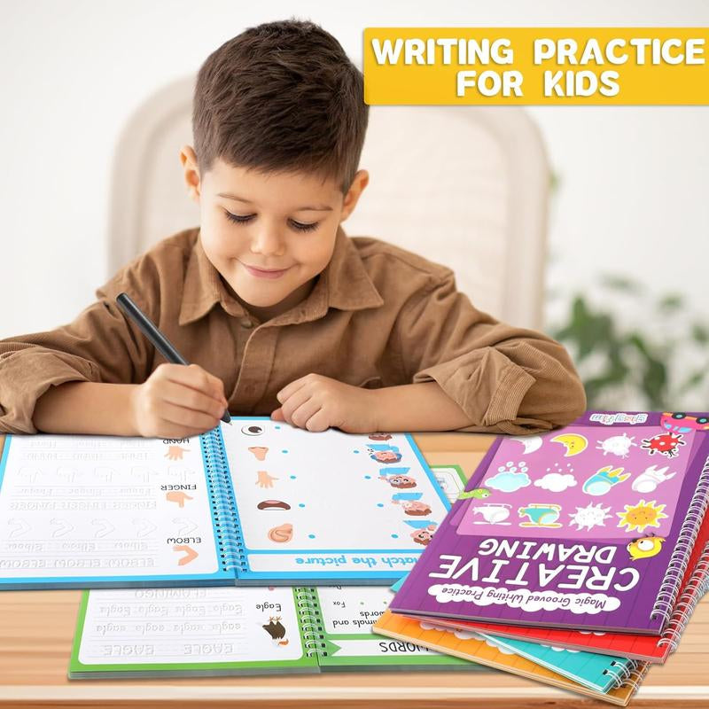 GISGFIM 8 Pieces Magic Grooved Writing Practice Books Disappearing Ink Pens Reusable Groove Workbooks Tracing Handwriting Practice without Tears for Kids Kindergarten Preschool Supplies,10.2 X 7.3Inch