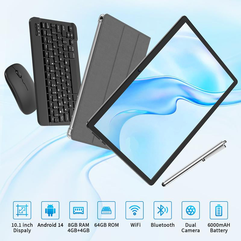 Tablet 10.1 Inch Android 14, 2 in 1 Portable Device with Keyboard, Mouse, Case, Stylus, 64GB ROM, 5+8MP Dual Camera, for Mother'S Day Gift
