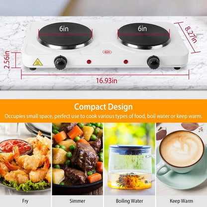 2000W Double Electric Burner Portable Dual Countertop Hot Plate with 5-Level Temperature Control for Kitchen Cooking
