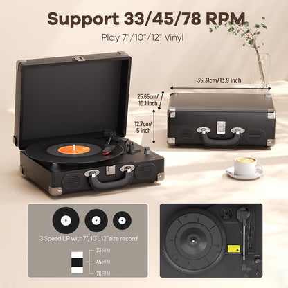 MAIO S100 Record Player Portable Suitcase Audio with Built-In Speakers, 3-Speed Vinyl Spinner Bluetooth Turntable Belt-Driven