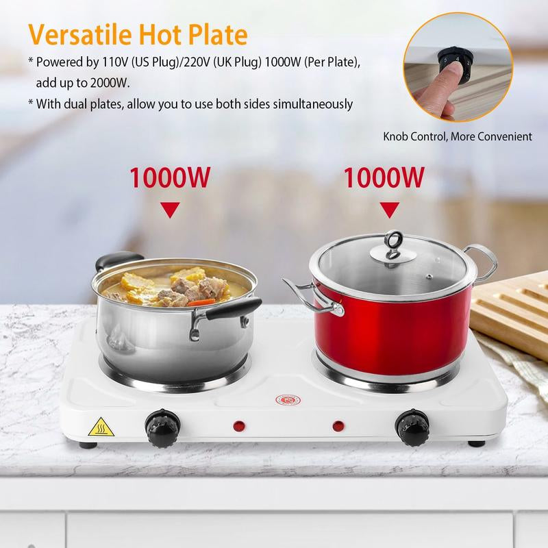 2000W Double Electric Burner Portable Dual Countertop Hot Plate with 5-Level Temperature Control for Kitchen Cooking