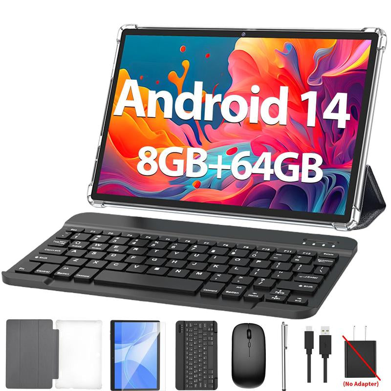 Tablet 10.1 Inch Android 14, 2 in 1 Portable Device with Keyboard, Mouse, Case, Stylus, 64GB ROM, 5+8MP Dual Camera, for Mother'S Day Gift