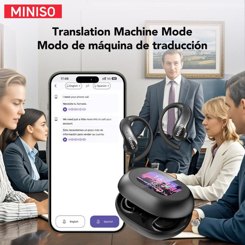 MINISO MS188 Open Ear Earphones,Wireless 134 Languages Translation AI Headphones,Bluetooth Smart Earbuds,Lcd Screen Display Charging Case Headsets with APP