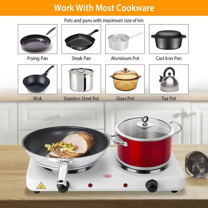 2000W Double Electric Burner Portable Dual Countertop Hot Plate with 5-Level Temperature Control for Kitchen Cooking