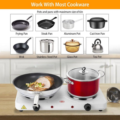 2000W Double Electric Burner Portable Dual Countertop Hot Plate with 5-Level Temperature Control for Kitchen Cooking