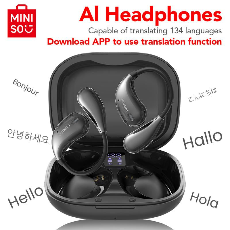MINISO X33 AI Translation Earbuds - Wireless Bluetooth 5.4 with APP Support, 134 Languages Translation, Flexible Earhook Design, Waterproof Hi-Fi Stereo, Sweatproof for Sports, Compatible with iPhone and Android