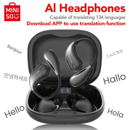 MINISO X33 AI Translation Earbuds - Wireless Bluetooth 5.4 with APP Support, 134 Languages Translation, Flexible Earhook Design, Waterproof Hi-Fi Stereo, Sweatproof for Sports, Compatible with iPhone and Android