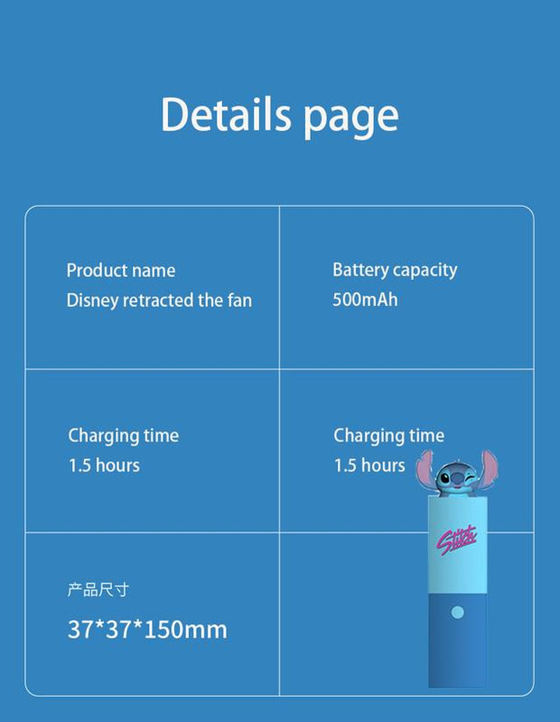 Disney Outdoor Portable Handheld Fan Desktop Mini Quiet Charging round Tube Foldable Small Fan for Stitch the Fan