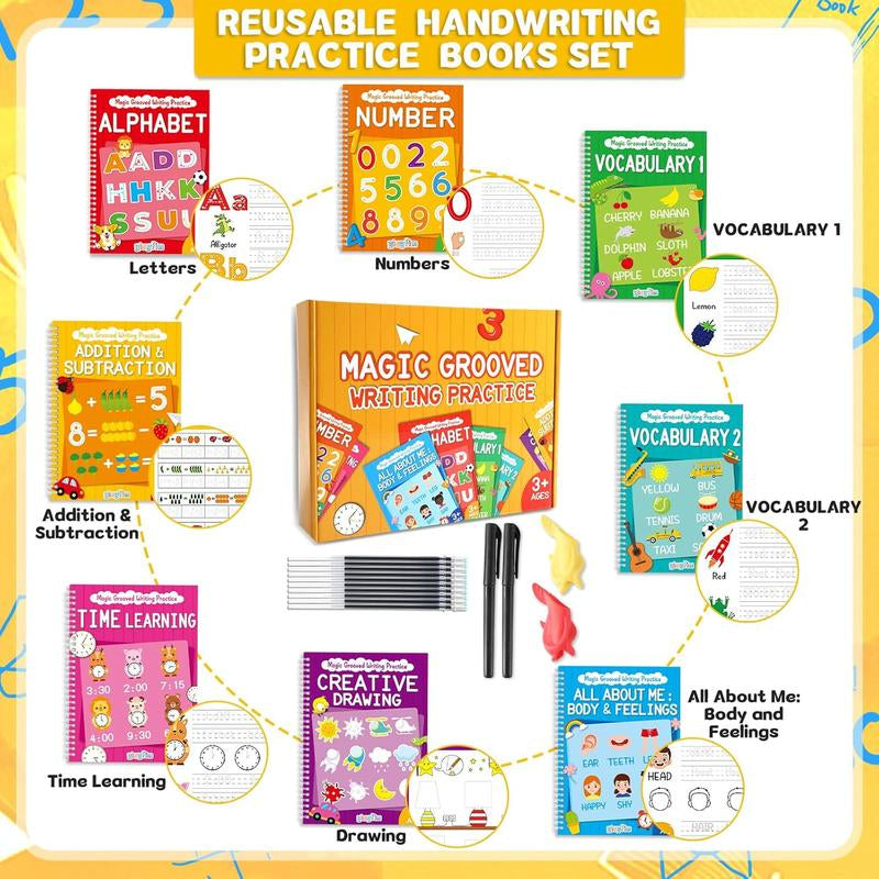 GISGFIM 8 Pieces Magic Grooved Writing Practice Books Disappearing Ink Pens Reusable Groove Workbooks Tracing Handwriting Practice without Tears for Kids Kindergarten Preschool Supplies,10.2 X 7.3Inch