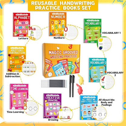 GISGFIM 8 Pieces Magic Grooved Writing Practice Books Disappearing Ink Pens Reusable Groove Workbooks Tracing Handwriting Practice without Tears for Kids Kindergarten Preschool Supplies,10.2 X 7.3Inch