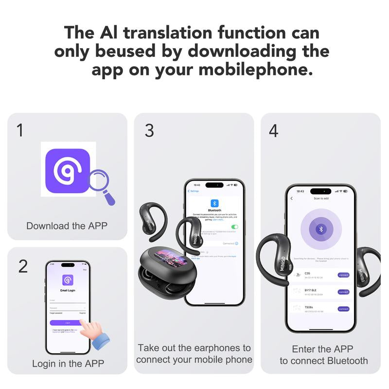 MINISO MS188 Open Ear Earphones,Wireless 134 Languages Translation AI Headphones,Bluetooth Smart Earbuds,Lcd Screen Display Charging Case Headsets with APP