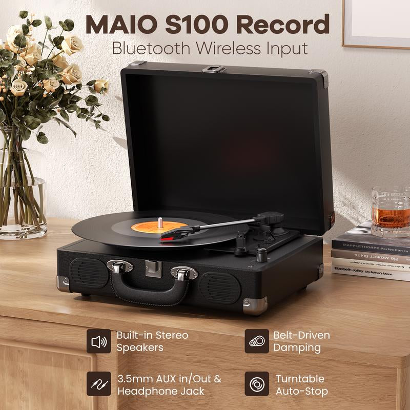 MAIO S100 Record Player Portable Suitcase Audio with Built-In Speakers, 3-Speed Vinyl Spinner Bluetooth Turntable Belt-Driven