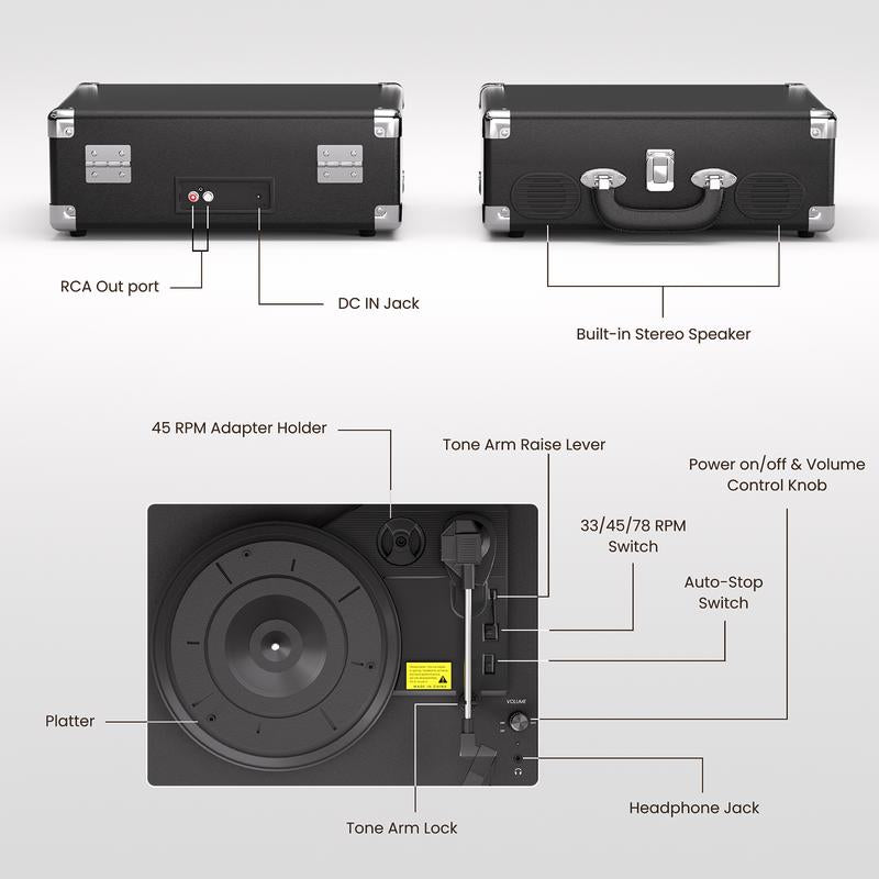 MAIO S100 Record Player Portable Suitcase Audio with Built-In Speakers, 3-Speed Vinyl Spinner Bluetooth Turntable Belt-Driven