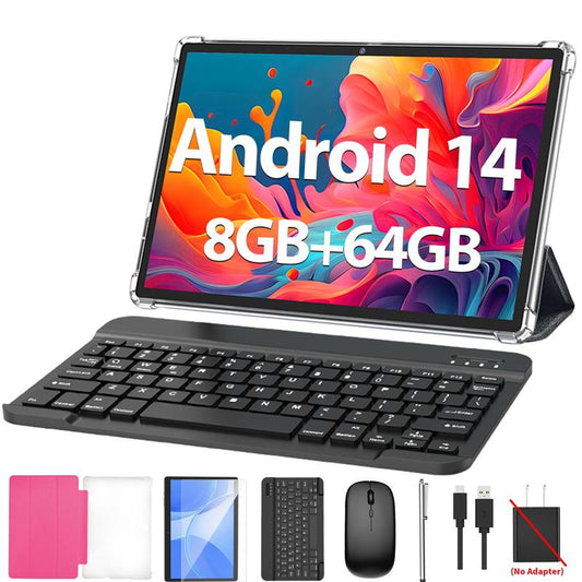 Tablet 10.1 Inch Android 14, 2 in 1 Portable Device with Keyboard, Mouse, Case, Stylus, 64GB ROM, 5+8MP Dual Camera, for Mother'S Day Gift