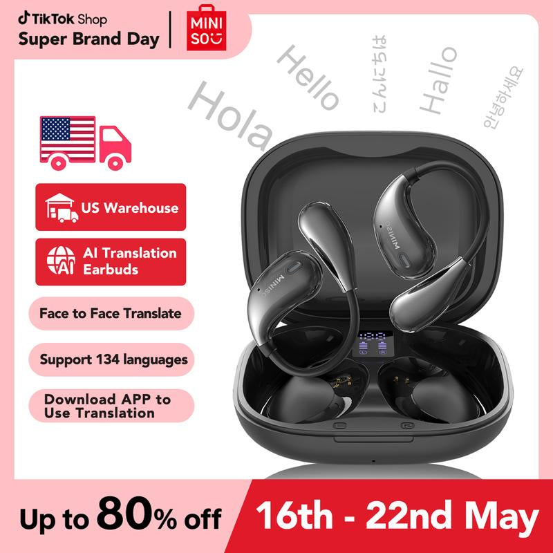 MINISO X33 AI Translation Earbuds - Wireless Bluetooth 5.4 with APP Support, 134 Languages Translation, Flexible Earhook Design, Waterproof Hi-Fi Stereo, Sweatproof for Sports, Compatible with iPhone and Android
