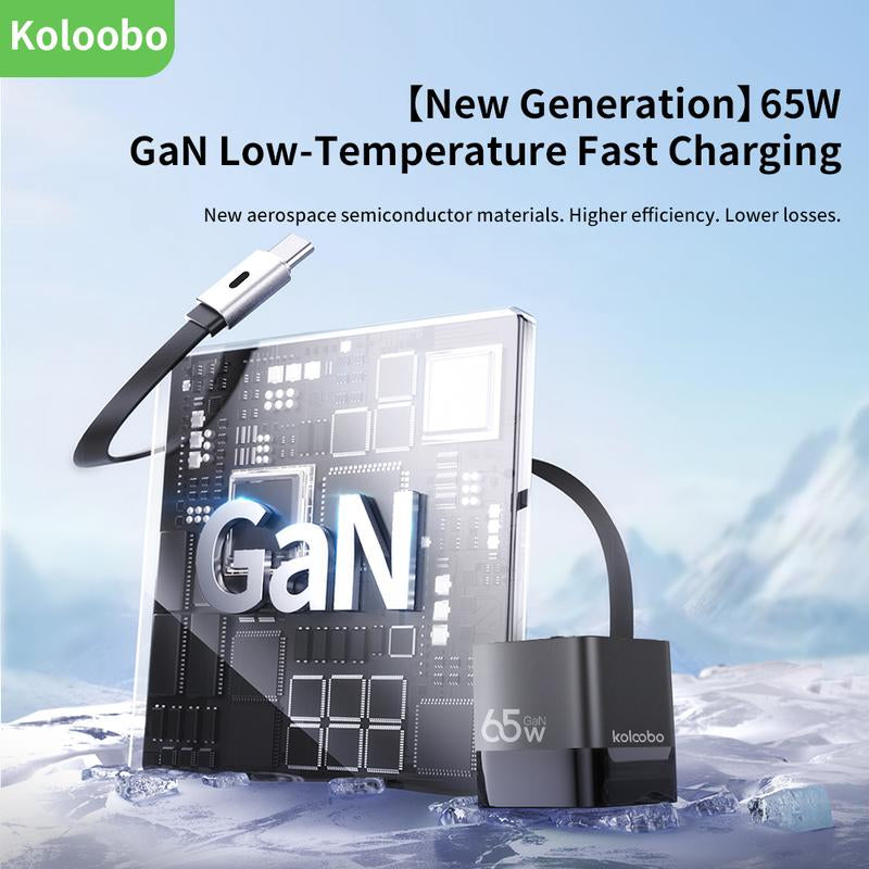 Koloobo 65W 3-In-1 Gan Wall-Mounted Travel Charger,Power Display,Overcharge Protection,Equipped with a Retractable Type-C Fast Charging Cable and Two Ports,Applicable for Fast Charging of Electronic Products like Macbook,Iphone 15/16,Samsung Smartphones
