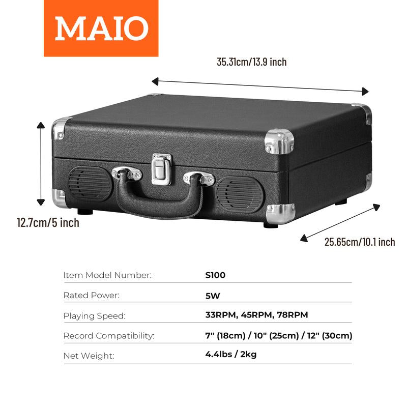 MAIO S100 Record Player Portable Suitcase Audio with Built-In Speakers, 3-Speed Vinyl Spinner Bluetooth Turntable Belt-Driven