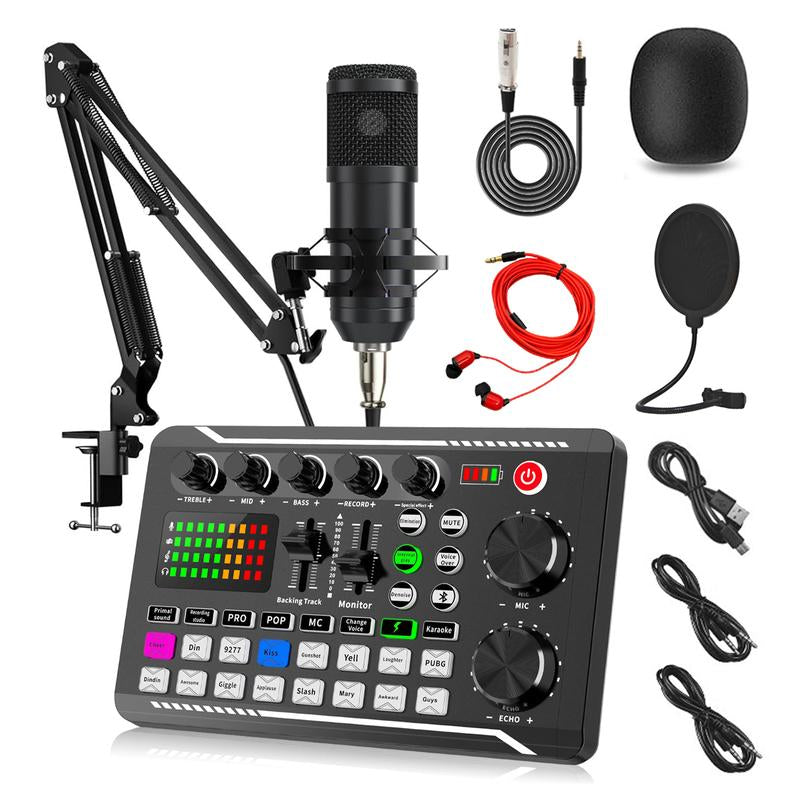F998 Podcast Equipment Bundle,Wireless Bluetooth Audio Live Sound Card and BM800 Microphone Set,Wired Recording,Broadcasting Smartphone Live Streaming