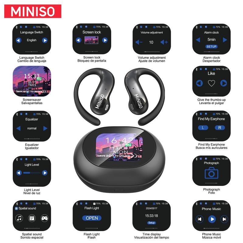 MINISO MS188 Open Ear Earphones,Wireless 134 Languages Translation AI Headphones,Bluetooth Smart Earbuds,Lcd Screen Display Charging Case Headsets with APP