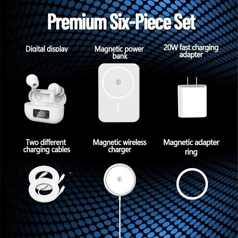 ARTCYBER 6-In-1 Integrated Charging & Audio Support Kit – All-In-One Portable Device with Magnetic Power Bank, Wireless Charger, Type-C Cable & Adapter