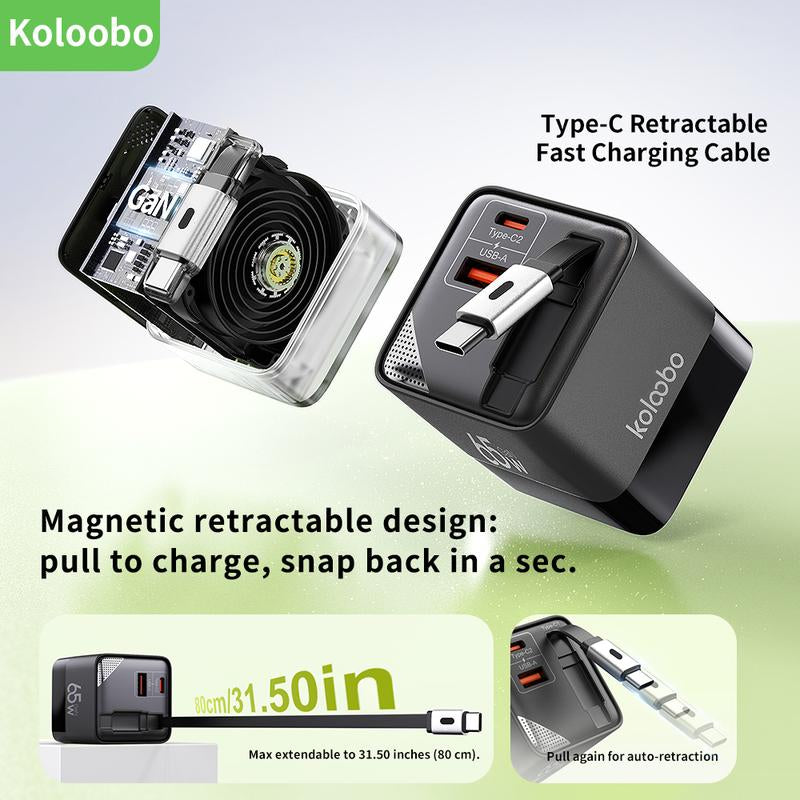 Koloobo 65W 3-In-1 Gan Wall-Mounted Travel Charger,Power Display,Overcharge Protection,Equipped with a Retractable Type-C Fast Charging Cable and Two Ports,Applicable for Fast Charging of Electronic Products like Macbook,Iphone 15/16,Samsung Smartphones