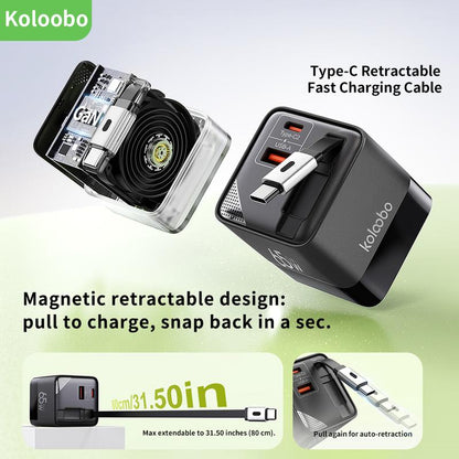 Koloobo 65W 3-In-1 Gan Wall-Mounted Travel Charger,Power Display,Overcharge Protection,Equipped with a Retractable Type-C Fast Charging Cable and Two Ports,Applicable for Fast Charging of Electronic Products like Macbook,Iphone 15/16,Samsung Smartphones
