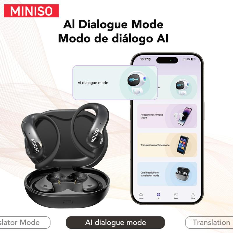 MINISO MS188 Open Ear Earphones,Wireless 134 Languages Translation AI Headphones,Bluetooth Smart Earbuds,Lcd Screen Display Charging Case Headsets with APP