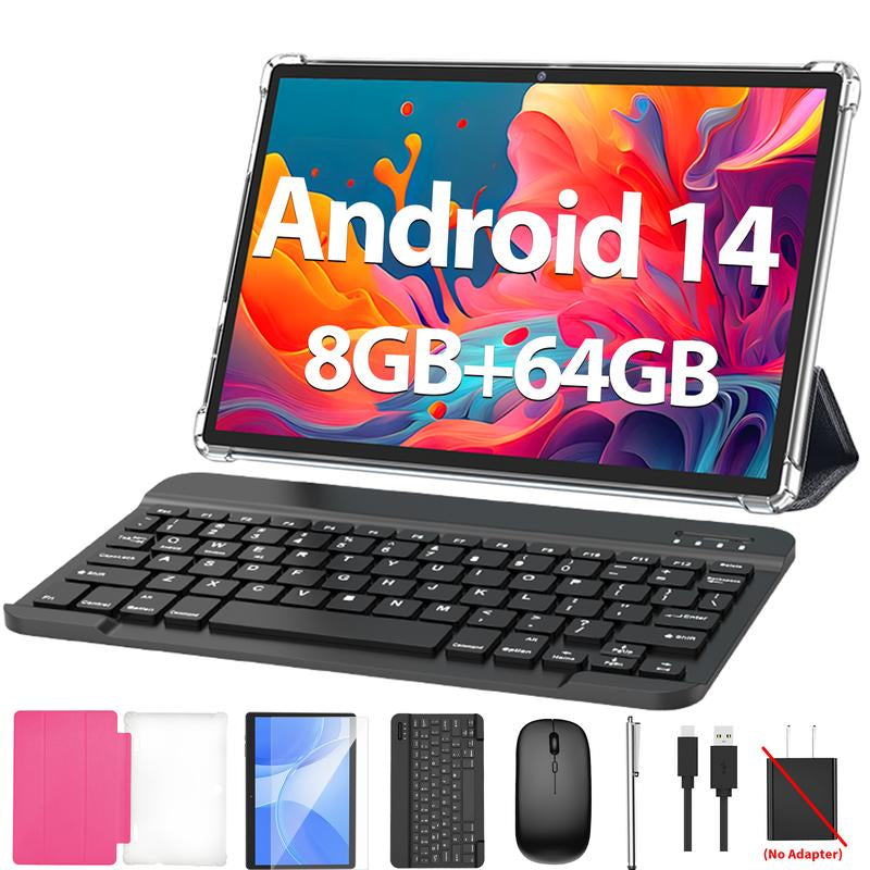Tablet 10.1 Inch Android 14, 2 in 1 Portable Device with Keyboard, Mouse, Case, Stylus, 64GB ROM, 5+8MP Dual Camera, for Mother'S Day Gift