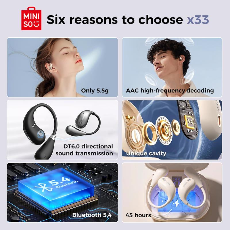 MINISO X33 AI Translation Earbuds - Wireless Bluetooth 5.4 with APP Support, 134 Languages Translation, Flexible Earhook Design, Waterproof Hi-Fi Stereo, Sweatproof for Sports, Compatible with iPhone and Android