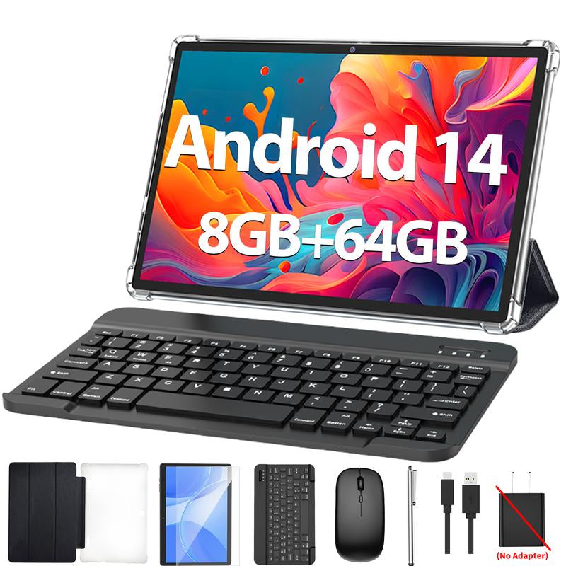 Tablet 10.1 Inch Android 14, 2 in 1 Portable Device with Keyboard, Mouse, Case, Stylus, 64GB ROM, 5+8MP Dual Camera, for Mother'S Day Gift