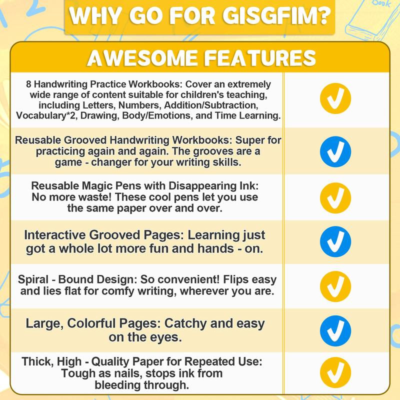 GISGFIM 8 Pieces Magic Grooved Writing Practice Books Disappearing Ink Pens Reusable Groove Workbooks Tracing Handwriting Practice without Tears for Kids Kindergarten Preschool Supplies,10.2 X 7.3Inch